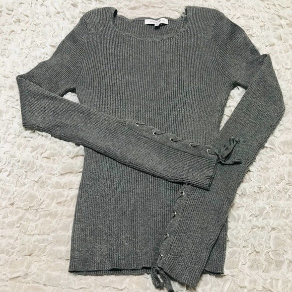 Hooked Up heather gray top women Grey laced up long sleeve rib sweater size M - Picture 5 of 8
